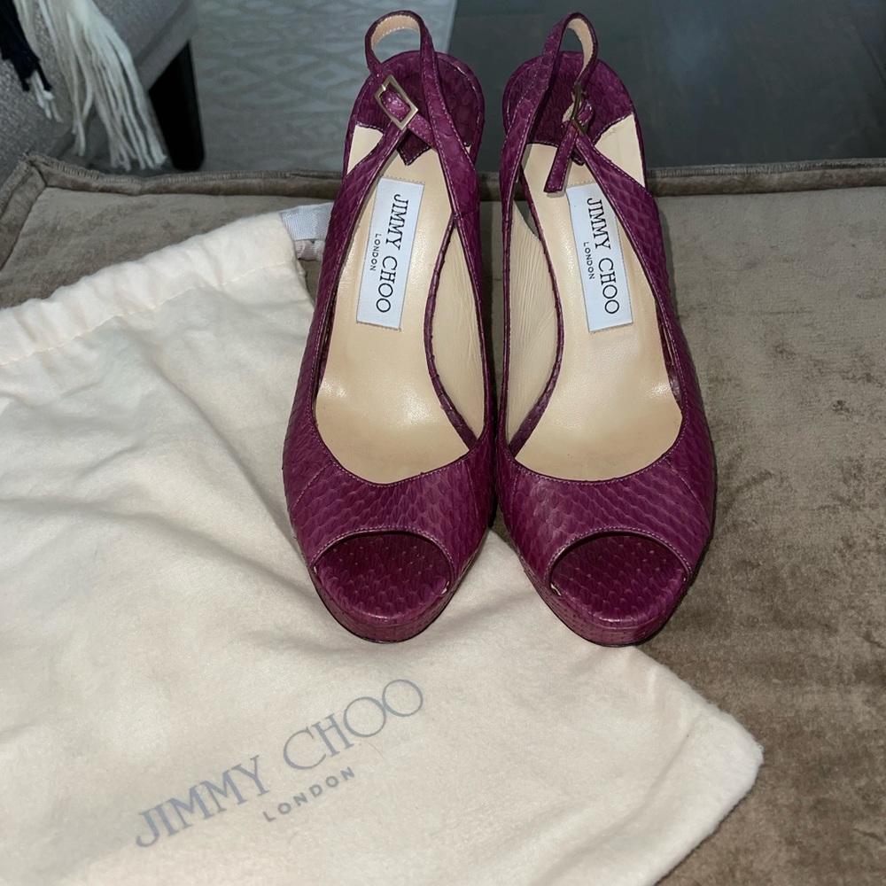 Jimmy Choo Purple Snakeskin Peep Toe Heels